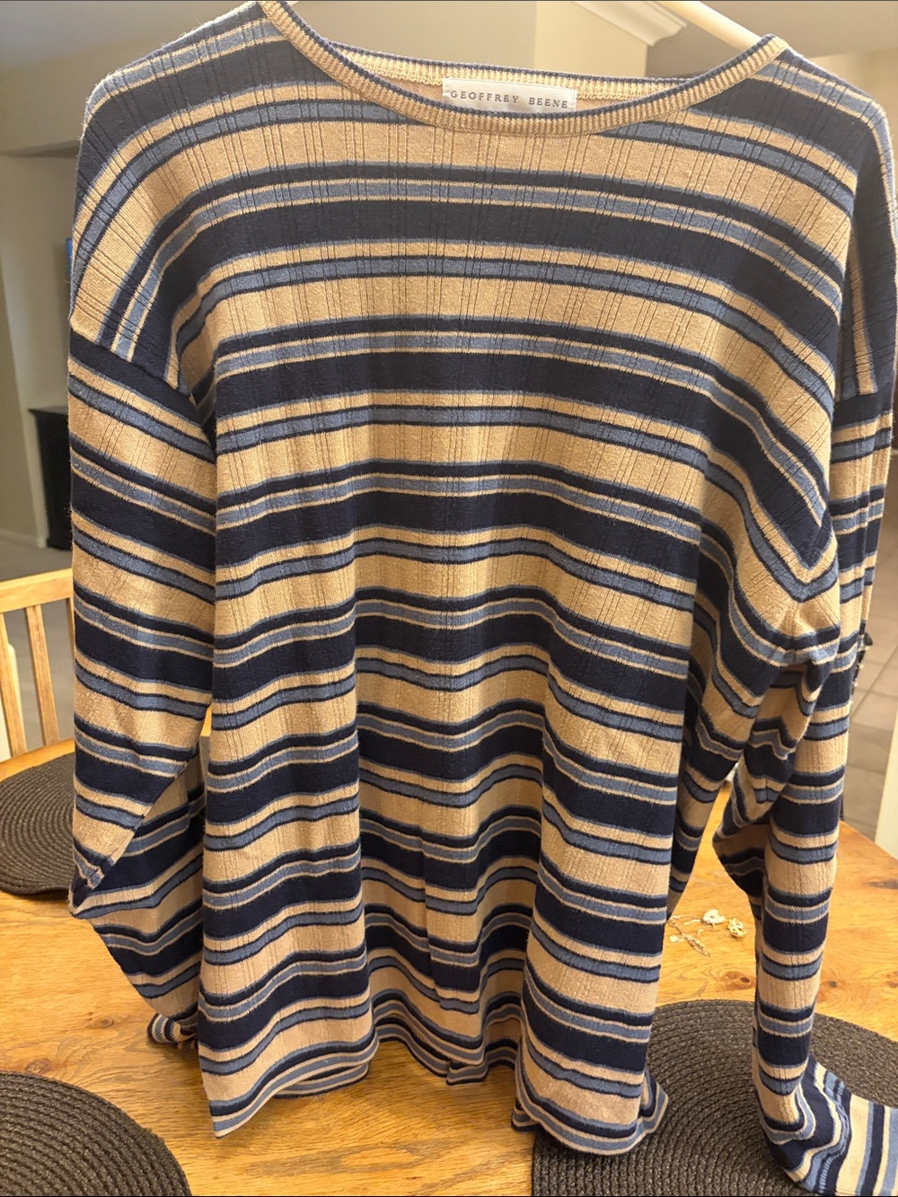 Geoffrey Beene Navy and Tan Striped Long-Sleeve Tee